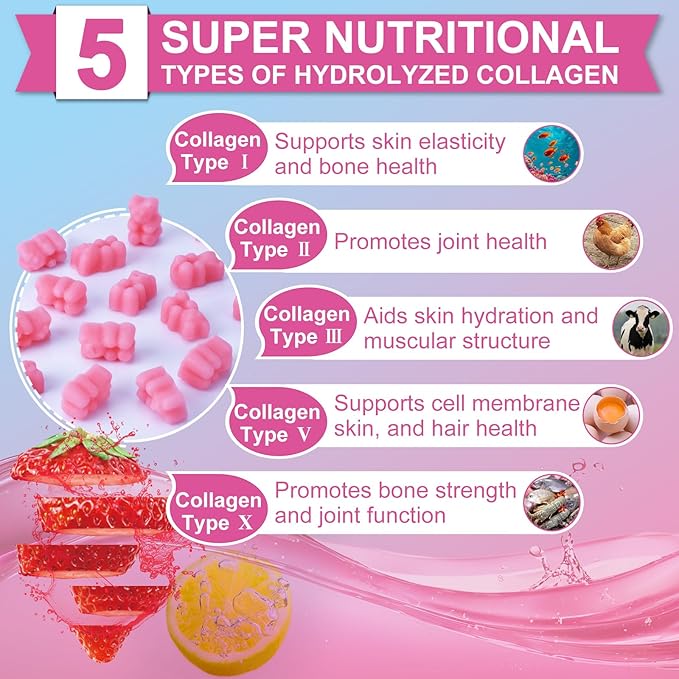 Nature's live Multi Collagen Peptides Gummies, Type I, II, III, V, X - Hydrolyzed Collagen Peptides with Biotin, Hyaluronic Acid, Supports Healthy Skin, Strong Nails & Thick Hair, 60 Count, 2 Pack