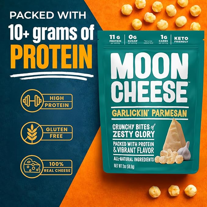 Moon Cheese Garlickin' Parmesan Cheese Bites, 2 Ounce, 3-Pack, Crunchy, Protein Rich Cheese Snack, 100% Real Cheese