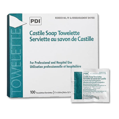 PDI Castile Soap Towelette, 1 Box of 100 Individually Wrapped 7.7"x5" Wipes, Gentle Soap Cleansing Towelettes for Personal Hygiene, Hand & Facial Cleaning, Travel & Patient Care