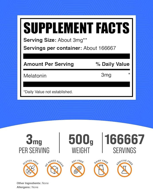 BulkSupplements.com Melatonin Powder - Pure Melatonin, Sleep Aid for Adults - Vegan & Gluten Free, 3mg per Serving, 500g (1.1 lbs) (Pack of 1)