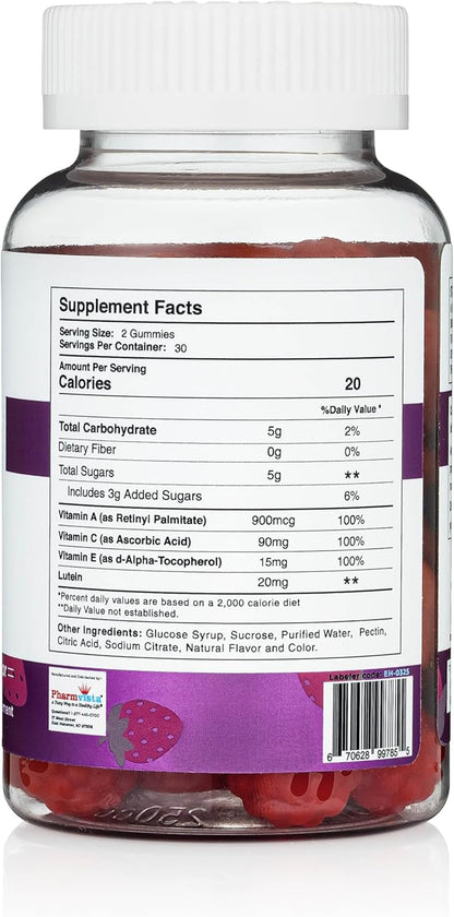 Pharmvista Eye Health Support Gummy - Vitamin A + C + E + Lutein - Gluten Free, Vegan Friendly Supplement - 60 Count