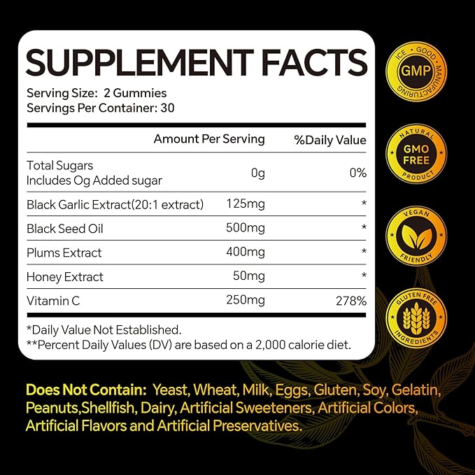 Black Garlic Black Seed Oil Gummies,with Honey Vitamin C Plums Extract,Overall Health,Non-GMO & Vegan,Black Garlic Flavored