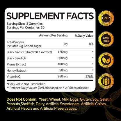 Black Garlic Black Seed Oil Gummies,with Honey Vitamin C Plums Extract,Overall Health,Non-GMO & Vegan,Black Garlic Flavored