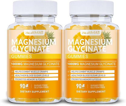 Magnesium Glycinate Gummies 1000mg, High Absorption Sugar Free Magnesium Potassium Supplement for Relaxation, Stress Relief, and Sleep Support for Adults & Kids - 180 Mango Pineapple Gummies