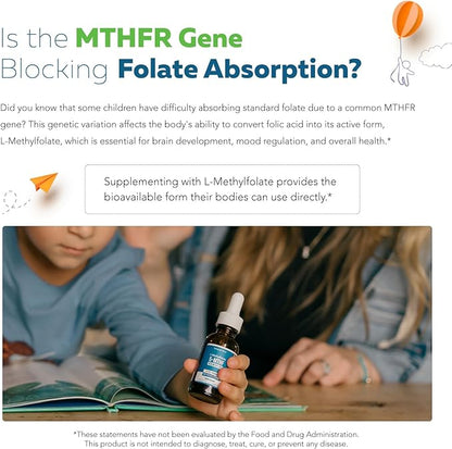 Organic Kids L-Methylfolate + Methyl B12 Cofactor - MTHFR Sublingual Form - 5-MTHF, Superior Form of Folate - Adjustable Dosing for All Ages - Mood, Behavior, Cognition - Organic Berry Flavor, 1 Fl oz