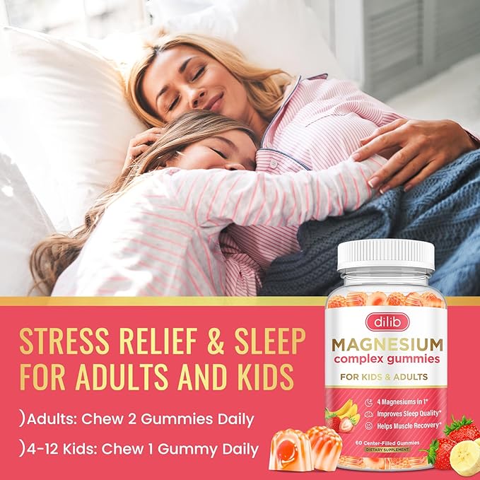 Magnesium Complex Gummies for Kids & Adults- Magnesium Glycinate, Taurate, Citrate, Malate Supplement-Support Calm Stress Relief, Bone, Muscle, Mood Vegan, Banana & Strawberry Flavor, 60 Gummies