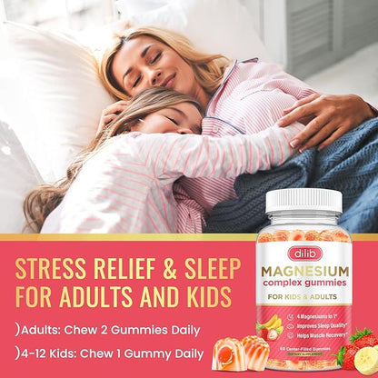 Magnesium Complex Gummies for Kids & Adults- Magnesium Glycinate, Taurate, Citrate, Malate Supplement-Support Calm Stress Relief, Bone, Muscle, Mood Vegan, Banana & Strawberry Flavor, 60 Gummies