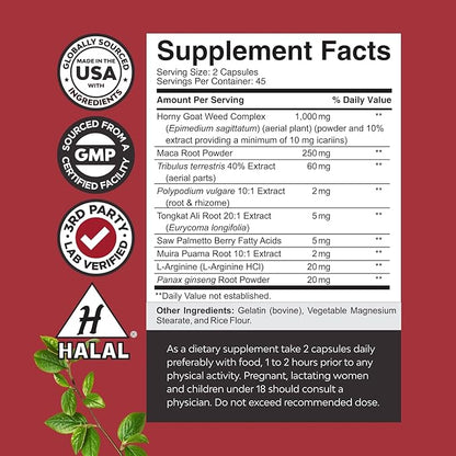 Natures Craft Horny Goat Weed for Men - Extra Strength Male Supplement with Black Maca Root, Tongkat Ali, Saw Palmetto & Panax Ginseng Extract for Stamina & Energy - 90 Count