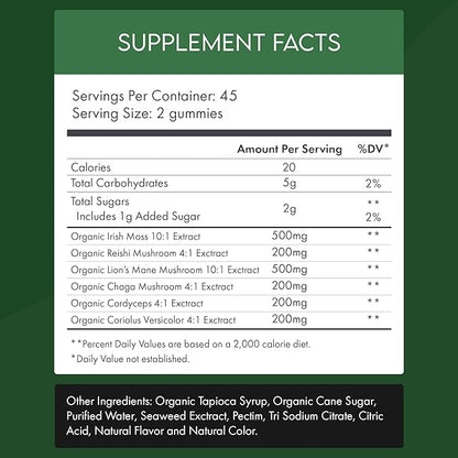 Organic Mushroom Sea Moss Gummies – Lion’s Mane, Reishi, Chaga, Cordyceps, Coriolus & Irish Moss – Cognitive & Immune Support – Vegan, Gelatin-Free, Pectin-Based – Watermelon – 90 Ct
