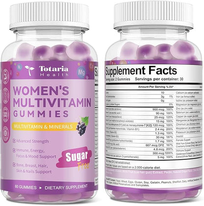 Totaria (2 Pcs) Sugar Free Multivitamin Gummies for Women 14+ w/Inositol, Iron, Folate, Biotin, Womens Daily Multivitamin Gummy w/Vitamin A, D, C, B, Support Hair, Skin, Energy, Immune, Grape Flavor