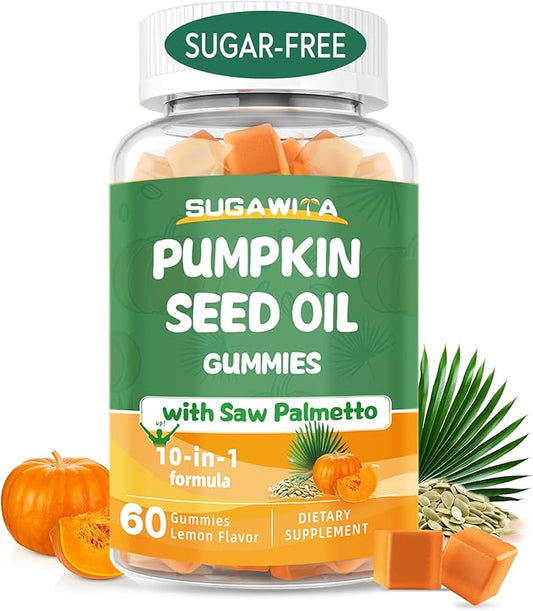 Pumpkin Seed Oil Gummies, Organic Pumpkin Seed Oil with Saw Palmetto Supplement High Pure Extract for Men Women, Supports Immune, Hair & Prostate Health, Sugar Free, Vegan, Lemon, 60 Chewable
