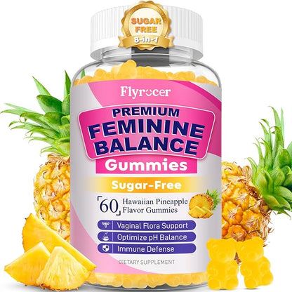 Feminine Balance Gummies for Women - PH Balance Gummies Support Vaginal Flora, Gut Health & Immune System, Vegan, Gluten-Free, Tropical Pineapple Flavor (60 Count)