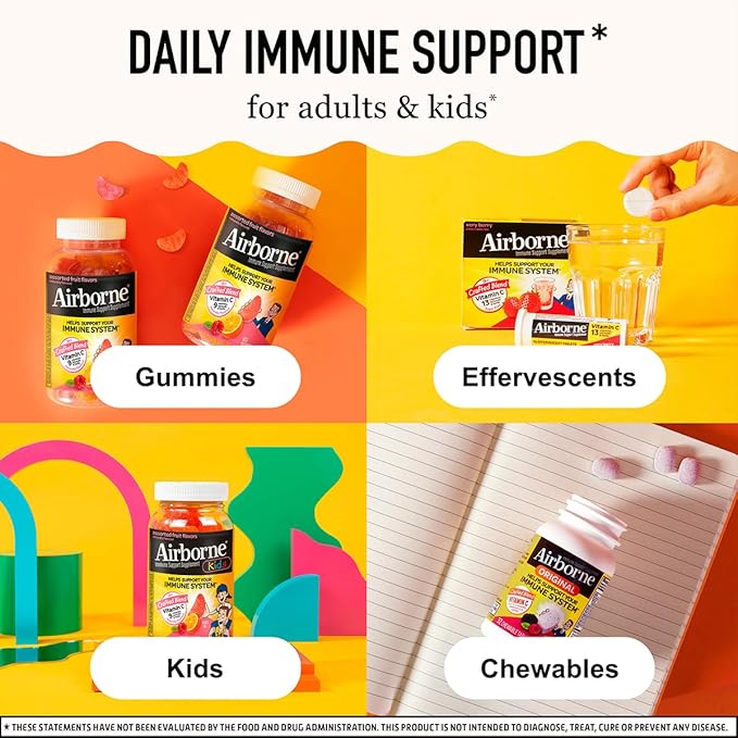 Airborne 750mg Vitamin C Immune Support Supplement Gummies for Adults, Assorted Fruit Flavor, Gluten Free Crafted Blend with Powerful Antioxidants Vitamins A C & E, 42 Gummies (2 Pack)