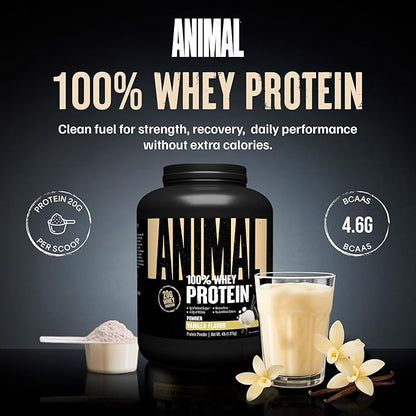 Animal 100% Whey Protein Powder – Whey Blend for Pre Workout or Post Workout, Recovery, or an Anytime Low Sugar Protein Boost Meal Replacement with BCAA Branched Chain Amino Acids – Vanilla, 4 lb