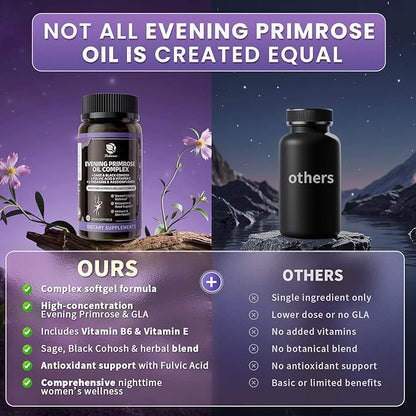 Lukaree Evening Primrose Oil Complex for Women – Hormone Wellness with Cold-Pressed EPO, 10% GLA, Sage, Fulvic Acid, L-Theanine – Supports Cyclical Balance, Mood, Skin & Immune Health, 90 Softgels