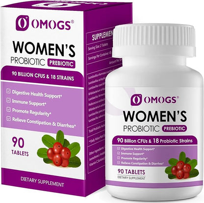 OMOGS Women's Probiotic, with Cranberry Extract, Organic Prebiotics & Vitamin C, 90 Billion CFUs,18 Strains, Help for Boost Immune, Digestive, Gut Health & Women's Health, Gluten & Soy Free,90 Tablets
