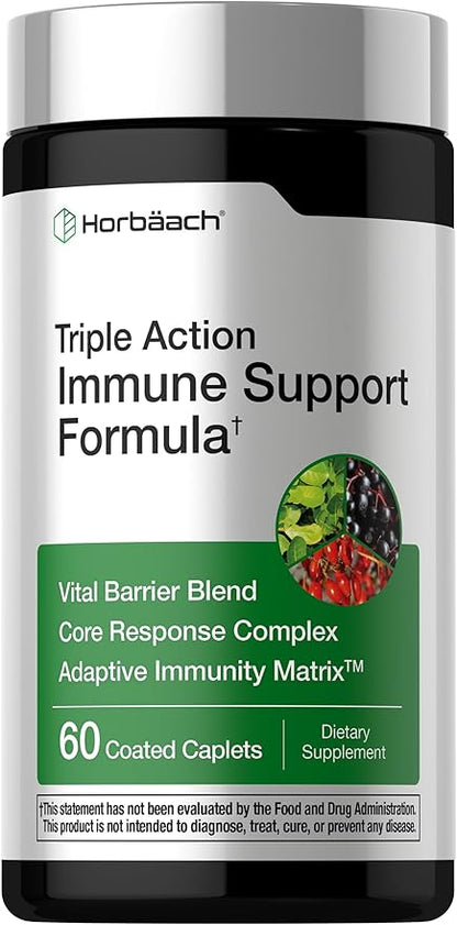 Horbäach Immune Support Supplement | 60 Coated Caplets | with Vitamin C, Zinc & Elderberry | Triple Action | Adaptive Immunity Matrix | Vegan, Non-GMO, Gluten Free