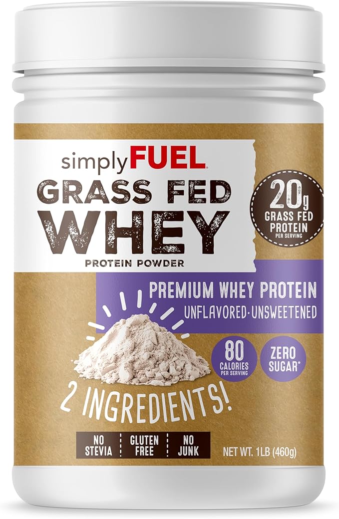simplyFUEL 100% Grass-Fed Whey Protein Powder, Unflavored, Unsweetened, Zero Sugar or Carbs, Clean, Gluten-Free Protein, 20 g Protein per Serving, 1 lb