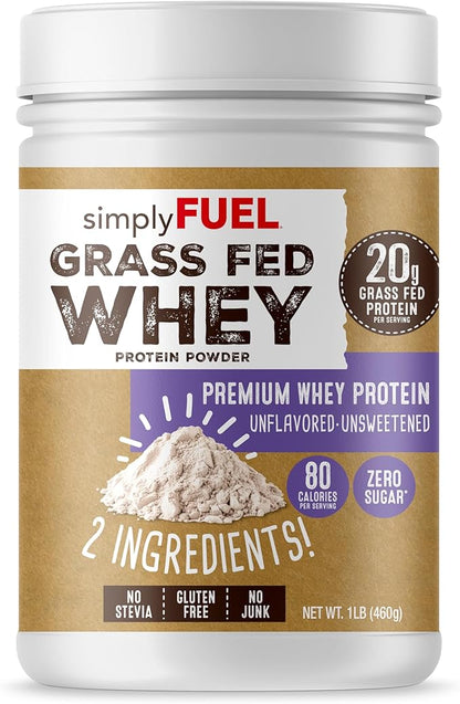 simplyFUEL 100% Grass-Fed Whey Protein Powder, Unflavored, Unsweetened, Zero Sugar or Carbs, Clean, Gluten-Free Protein, 20 g Protein per Serving, 1 lb