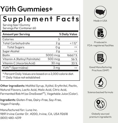 BIGVITA Yuth Gummies + | High-Purity Spermidine Supplement for Cellular Renewal & Anti-Aging | Collagen Support with Vitamin C & A (60 Gummies - Bottle)