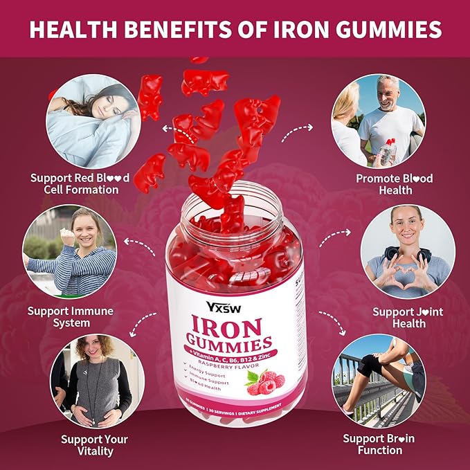Iron Gummies for Women & Men, Vegan Iron Supplement Gummies with Vitamin C, A, B-Complex, Folate, Zinc- for Immune Health & Energy Support, Raspberry Flavor, 120 Count