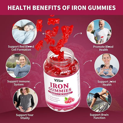 Iron Gummies for Women & Men, Vegan Iron Supplement Gummies with Vitamin C, A, B-Complex, Folate, Zinc- for Immune Health & Energy Support, Raspberry Flavor, 60 Count
