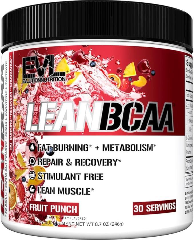 Stimulant Free Lean BCAA Powder - Evlution Nutrition BCAAs Amino Acids Powder with CLA Carnitine and 2:1:1 Branched Chain Amino Acids Supports Muscle Recovery Fat Burn and Metabolism - Fruit Punch