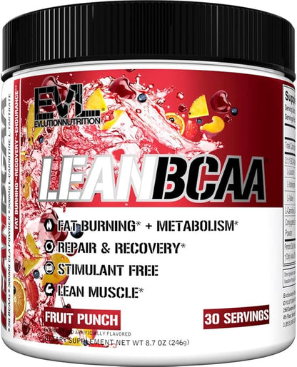 Stimulant Free Lean BCAA Powder - Evlution Nutrition BCAAs Amino Acids Powder with CLA Carnitine and 2:1:1 Branched Chain Amino Acids Supports Muscle Recovery Fat Burn and Metabolism - Fruit Punch