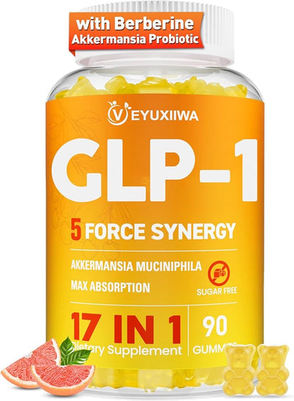 GLP-1 Supplement for Women, 5X GLP-1 Blends with Akkermansia Probiotic & Berberine, 17-in-1 High Efficiency GLP-1 Probiotic Gummies , for Energy, Digestion & Gut, Yuzu Flavor, Sugar Free - 90 Gummies