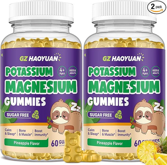 2 Pack Magnesium Glycinate Gummies for Kids - Magnesium Gummies with Vitamin D3, B6, Potassium & Ashwagandha for Kids & Adults Relaxation, Sleep, Brain & Bone Health -Sugar Free Pineapple Flavor 60 ct
