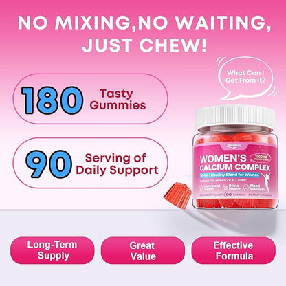 2 Pack Calcium Gummies for Women, Calcium Citrate 1200mg with Vitamin D3 K2, Collagen & Biotin, B0ne, Teeth, Immune & Hormone Support, Sugar Free, Non-GMO, Gluten-Free, Strawberry Flavor, 180 Count