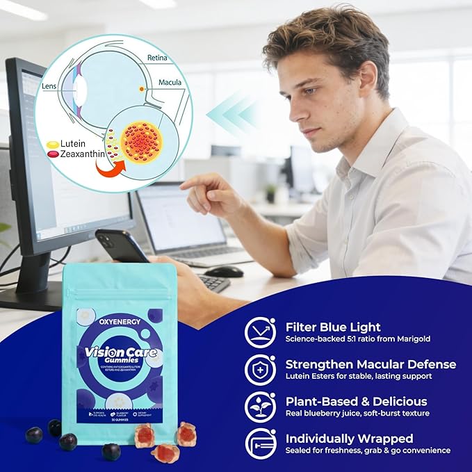 OxyEnergy Lutein Gummies for Eye Health - Lutein & Zeaxanthin, Natural Blueberry, Individually Wrapped for Freshness Vitamins Supplements for Vision Health, Eye Strain, Dry Eyes