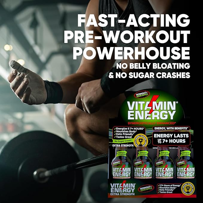 Vitamin Energy Workout+ Extra Strength Energy Shot Sour Apple 12 Pack, 260mg Natural Caffeine, Pre-Workout, B-Vitamins, Minerals, Endurance & Performance, Zero Sugar, Gluten-Free, Vegan, 1.93 fl oz