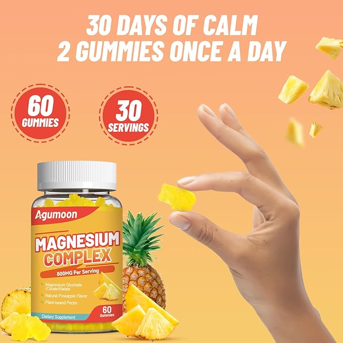 Magnesium Complex Gummies 800mg with Zinc & Vitamins B6, B12, C, D3, 120 Pineapple Gummies, High Absorption Glycinate, Citrate, Malate, Non-GMO, Gluten-Free