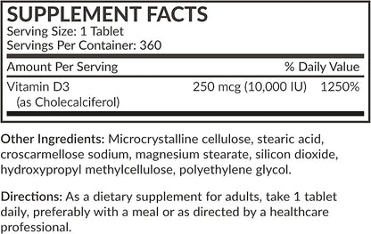Futurebiotics Vitamin D3 10,000iu (250mcg) 360 Day Supply for Healthy Muscle Function and Immune Support, Non-GMO, 360 Tablets