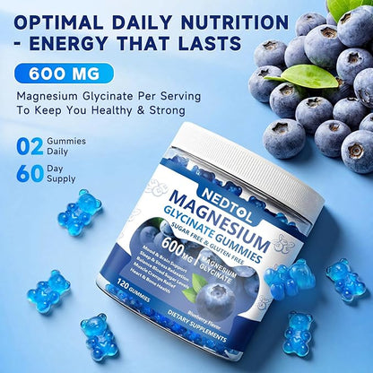 Magnesium Glycinate Gummies 600mg, Sugar Free Magnesium Potassium Supplement for Adults with Magnesium L-Threonate, Vitamin D, B6,and CoQ10 for Sleep, Body Support and Relaxation,120 Count