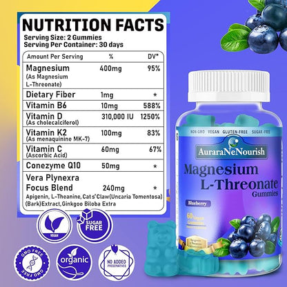 Magnesium L-Threonate Gummies w. Apigenin L-Theanine, Advanced 11-in-1 Magnesium Supplements w. Vitamin D3 K2 B6 for Sleep Cognitive Brain & Relax, High Absortption Magnesium Gummies for Adults & Kids