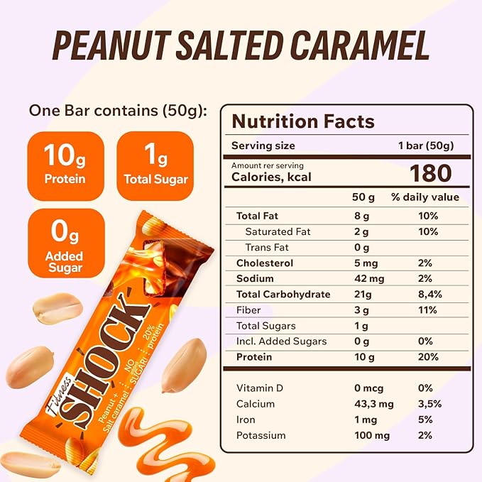 Fitness SHOCK Protein Bars Variety Pack - No Added Sugar, Low Calorie Low Carb Snack - Peanut Salted Caramel, Hazelnut Caramel, Coconut - 180 Kcal, 0g Added Sugar, 8g Fat, 13g Net Carbs - 12 x 50g