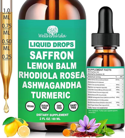 Saffron Supplements Liquid Drops- 88.5mg Pure Saffron Extract for Stress Relief & Calm Mood Support丨Advance 8-in-1 liquid Saffron w. Ashwagandha & Rhodiola Rosea, Fast Absorption Than Saffron Gummies