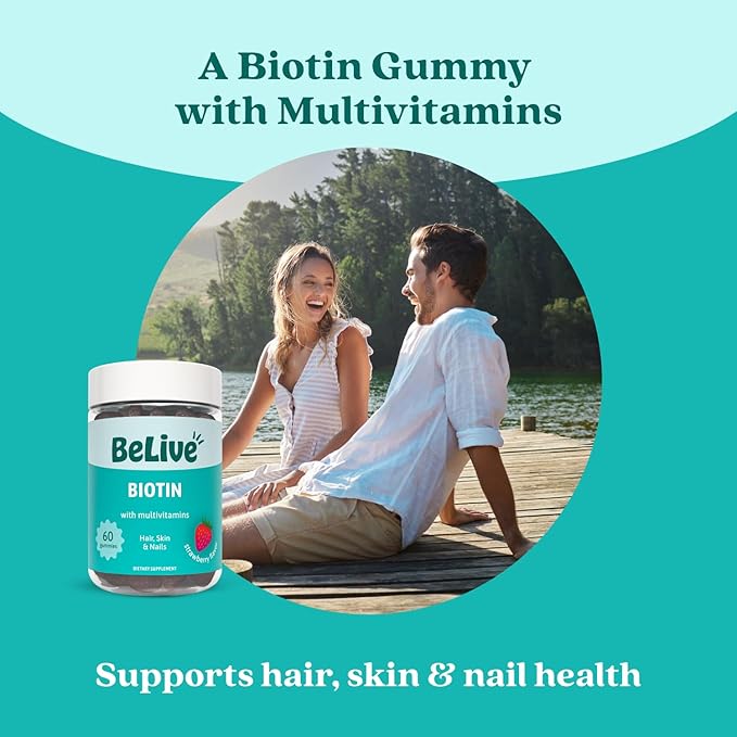 BeLive Biotin Gummies - Skin, Nails & Hair Vitamins with A, C, D, E, B12, Zinc, Folate & Inositol, Biotin Supplement for Anti-Aging, Energy & Collagen Boost, Multivitamin Gummies - Strawberry | 3-Pack