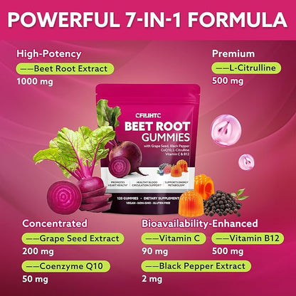 Beetroot Gummies - Beet Root for High Blood Pressure Supplements with Grape Seed Extract + CoQ10 + Black Pepper Extract + L-Citrulline + Vitamin C B12 Ultimate Heart for Blood Flow & Energy, 120 Count
