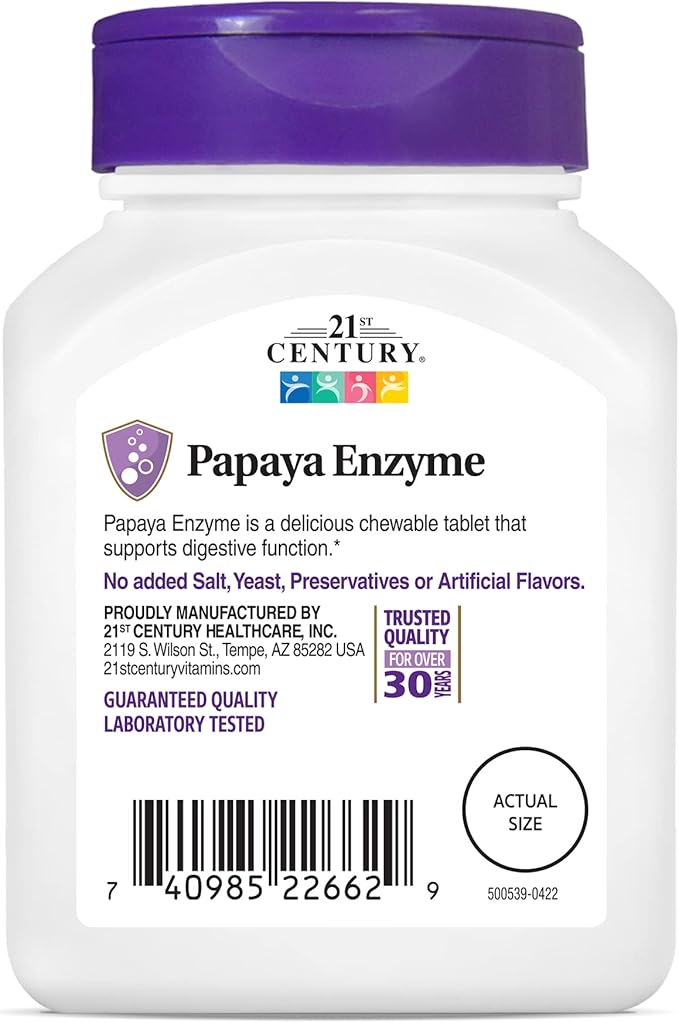 21st Century Papaya Enzyme Chewable (100 Count), Papaya & Pineapple Digestive Enzymes for Gut Health, Tropical Flavor, Non-GMO, Gluten-Free, No Added Salt, Artificial Flavors (Pack of 2)