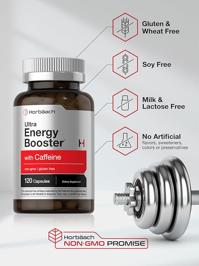 Horbäach Energy Supplement | 120 Capsules | with Caffeine, Ginseng & Vitamin B12 | Daily Energy Booster Pills | Non-GMO, Gluten Free