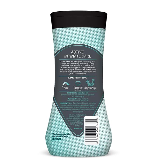 Summer's Eve Active Daily Performance Feminine Wash, pH-Balanced Body Wash for Women, Removes Vaginal Odor with Scents of Eucalyptus & Peppermint, 12 Fl Oz