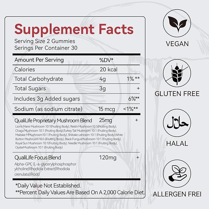 Mushroom Gummies with Lion’s Mane, Alpha-GPC & Rhodiola - 12 in 1 Mushroom Complex Supplement with Reishi, Cordyceps, Chaga & Turkey Tail – Brain Focus & Memory Support, 30 Servings