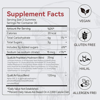 Mushroom Gummies with Lion’s Mane, Alpha-GPC & Rhodiola - 12 in 1 Mushroom Complex Supplement with Reishi, Cordyceps, Chaga & Turkey Tail – Brain Focus & Memory Support, 30 Servings