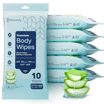 60 XL Shower Wipes – Body Wipes for Adults Bathing No Rinse – 6 Packs of 10 – Extra Moist Bath with Aloe & Vitamin E for Camping, Travel, Gym & Bedridden Care
