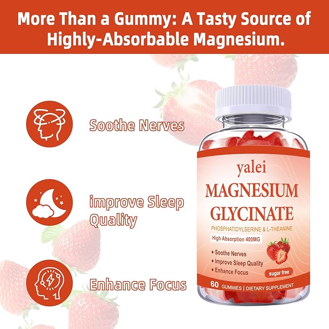 Magnesium Glycinate Gummies 400mg with L-Theanine,Phosphatidylserine–Sleep, Stress & Muscle Relief, for Adults & Kids, Non-GMO, Vegan, Sugar Free,60 Gummie Strawberry Flavor