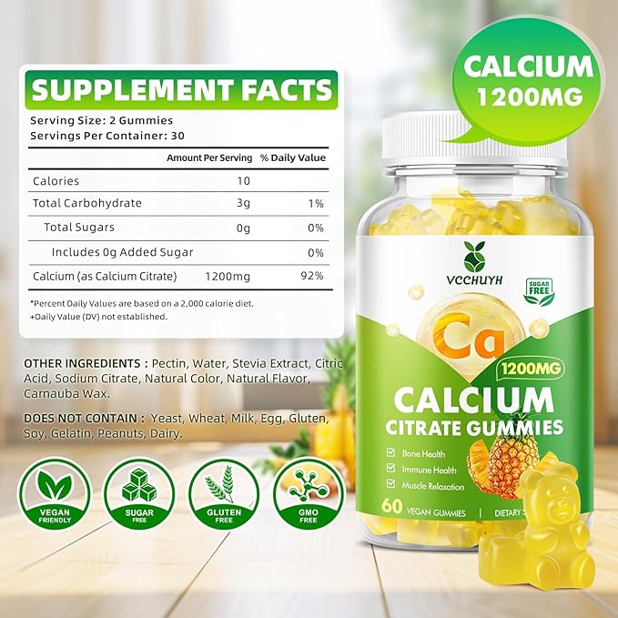 Calcium Citrate Gummies 1200 mg, Sugar Free Calcium Gummies for Adults & Kids, Chewable Calcium Supplements for Women, Bone & Immune Support, Pineapple Flavor 120 Count