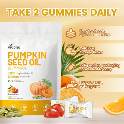Organic Pumpkin Seed Oil Gummies,Cold Pressed Pumpkin Seed Oil with Saw Palmetto Gummies,for Prostate Health,BPH Support,Hair & Bladder Control - Non-GMO,Sugar-Free